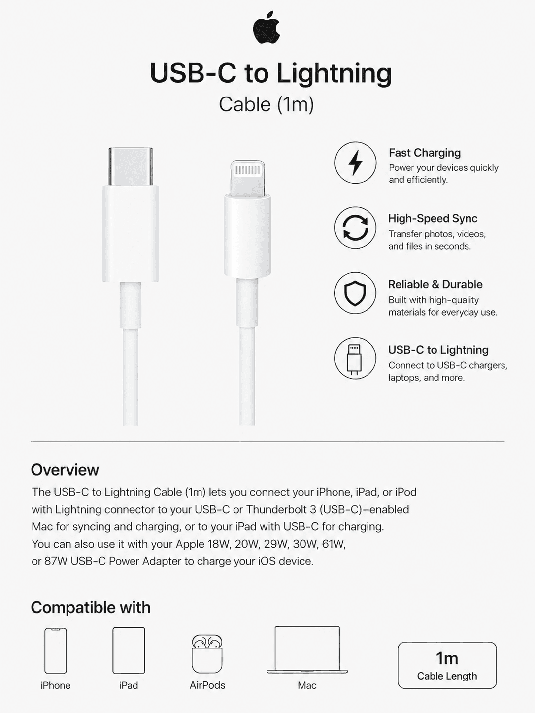 Apple USB-C to Lightning Cable – Fast Charging & Data Sync Cable for iPhone, iPad and Apple Device,1 Meter - Charger & Cables | Buy Online in Nepal at A-One Collection
