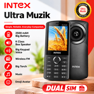 Original Intex Ultra Muzik – 2.8" Dual SIM Feature Phone with 2500 mAh Battery, K Class Box Speaker, Dual SIM & Wireless FM - Earbuds & Earphone | Buy Online in Nepal at A-One Collection